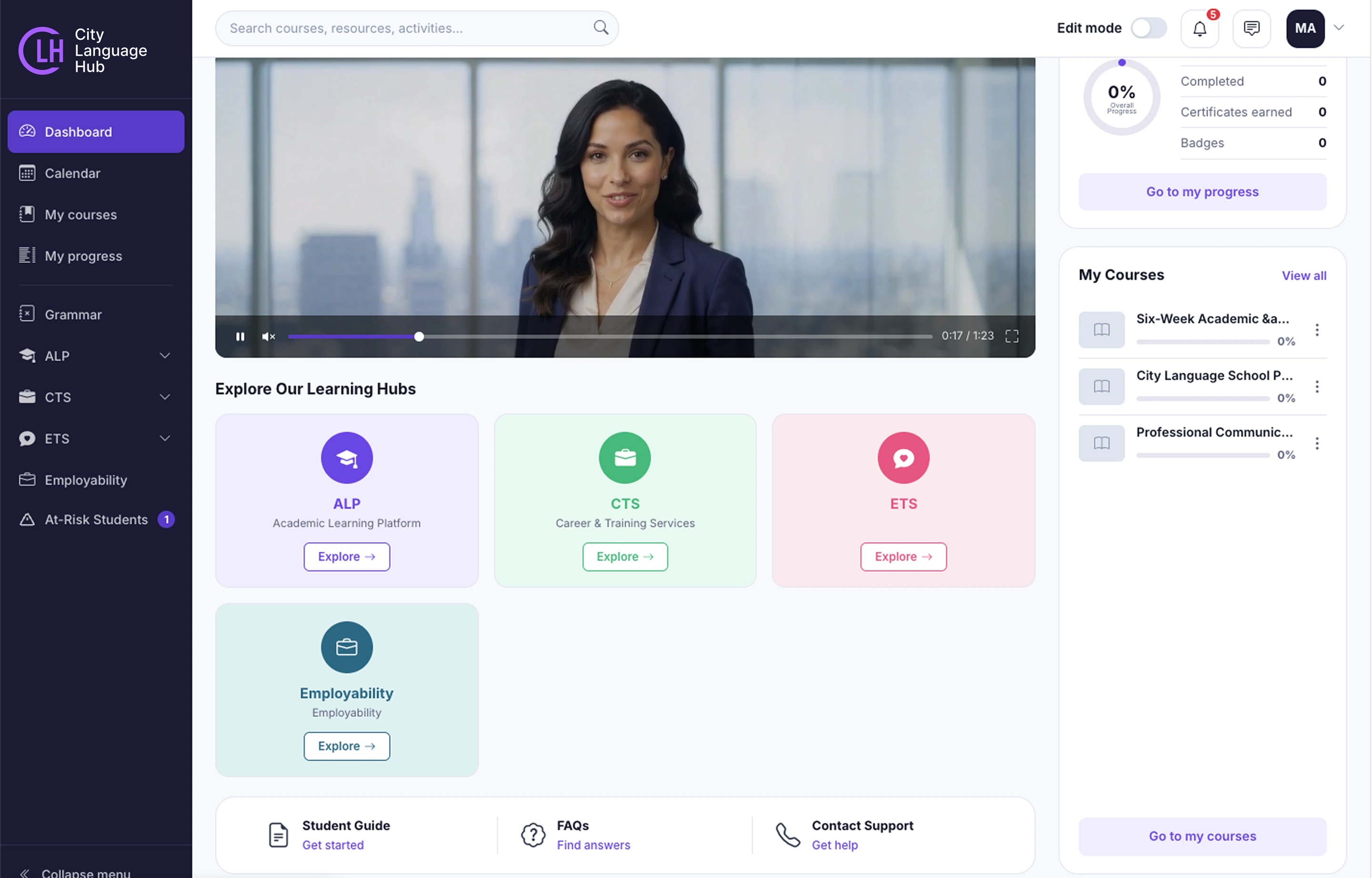 Platform dashboard with a welcome video, learning hubs and enrolled courses